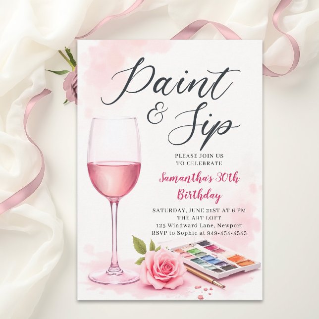 Invitation Fête de peinture et de dégustation de vin aquarell (paint and sip birthday party invitation for women watercolor wine glass pink rose elegant template)