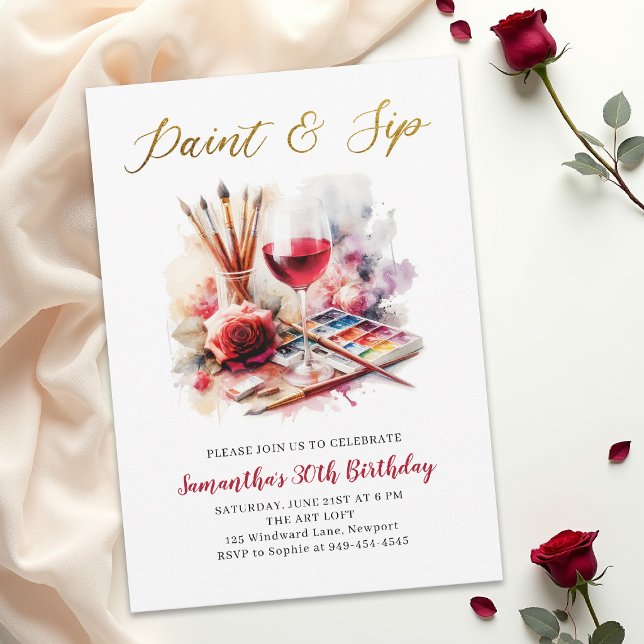 Invitation Fête de peinture et de dégustation de vin pour 30  (paint and sip birthday party invitation for women watercolor wine glass red rose elegant chic)