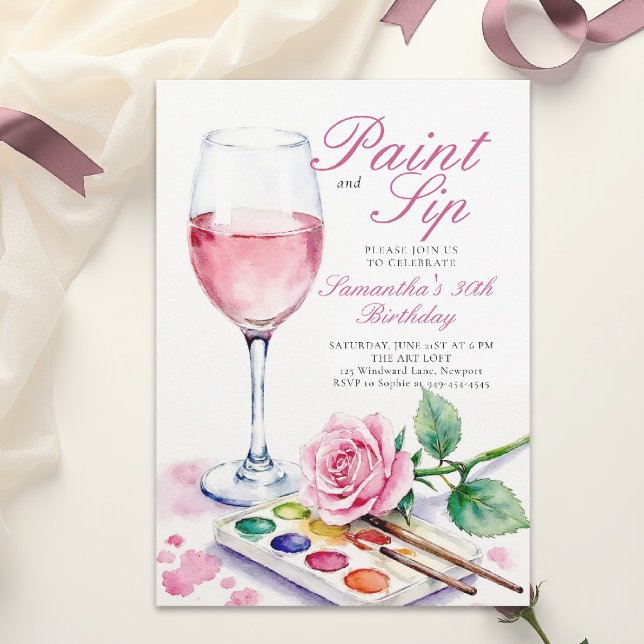 Invitation Fête de peinture et de dégustation de vin Rose Flo (30th birthday party invitation for women paint and sip wine watercolor floral pink elegant template)