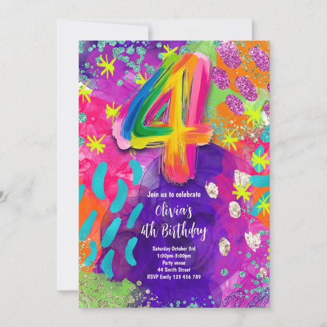 Invitation Fête de peinture pour 4ème anniversaire (Devant)