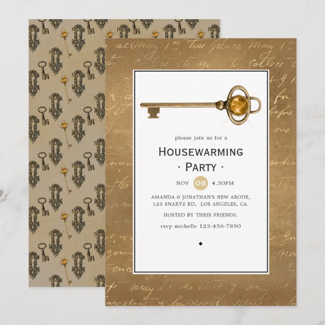 Invitation Fête de pendaison de crémaillère Steampunk en or (Devant / Derrière)