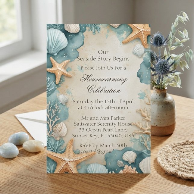 Invitation Fête de pendaison de crémaillère sur le thème des  (Coastal Sandy Beach Seashells Housewarming Party Invitation)