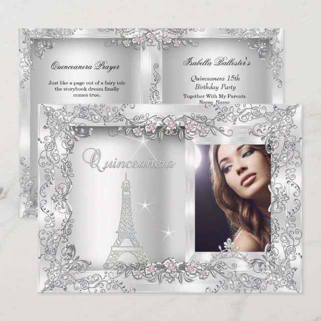 Invitation Fête de photo d'argent de Princesse Quinceanera (Devant / Derrière)