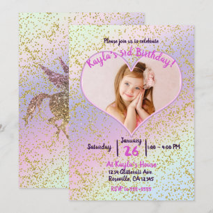 Invitation Fête de Photo Licorne Pailletée Or Pastel Arc-en-C