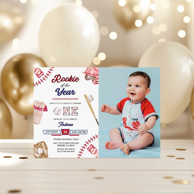 Invitation Fête de photo pour le 1er anniversaire de Baseball (Baseball 1st birthday party horizontal invitation with photo)