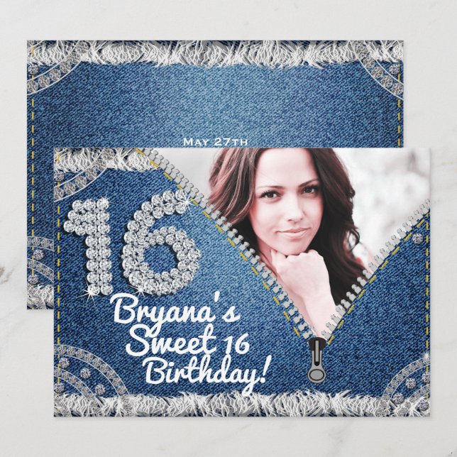 Invitation Fête de photos Denim & Diamonds Jean Zipper Sweet  (Devant / Derrière)