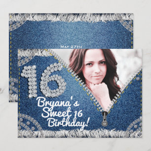 Invitation Fête de photos Denim & Diamonds Jean Zipper Sweet 