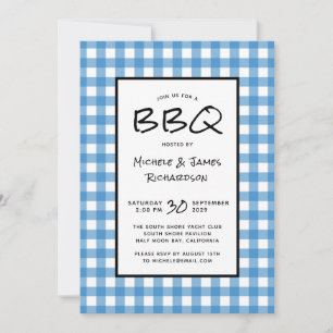 Invitation Fête de pique-nique BBQ à carreaux bleus et blancs
