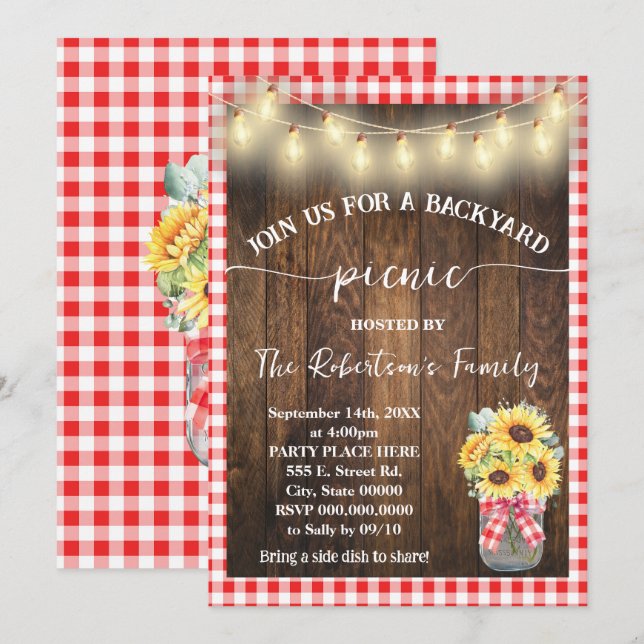 Invitation Fête de pique-nique dans la cour, tournesols à car (Devant / Derrière)