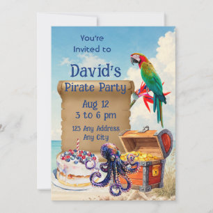 Invitation Fête de pirate de plage tropicale Pieuvre Perroque