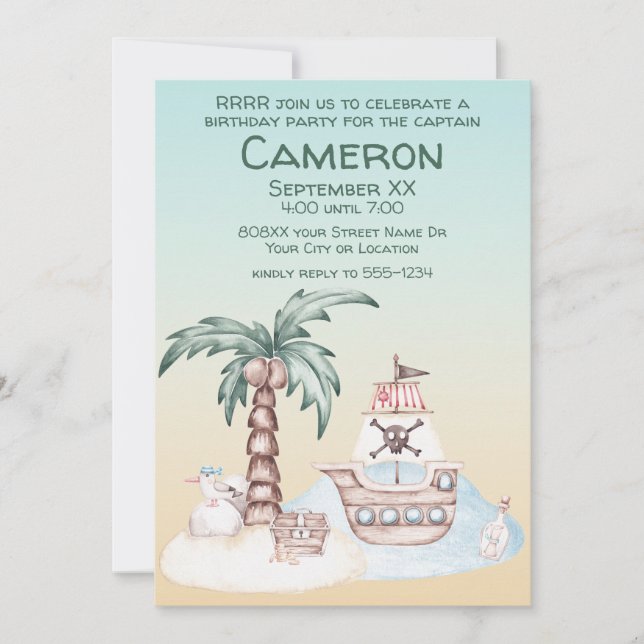 Invitation Fête de pirates illustrée et charmante au coucher  (Devant)