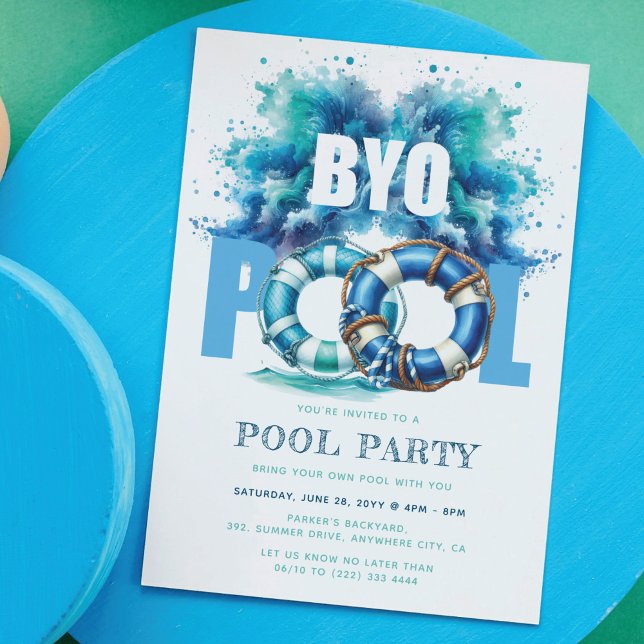 Invitation Fête de Piscine BYO Splash d'Eau Turquoise Bleu (Créateur téléchargé)