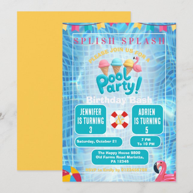 Invitation Fête de piscine commune pour enfants | Fête d'anni (Devant / Derrière)