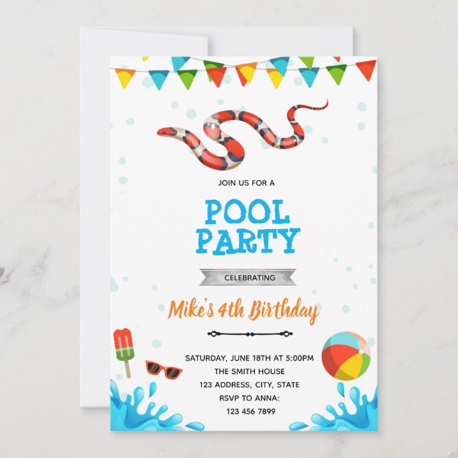 Invitation Fête de piscine de plage de serpent (Devant)
