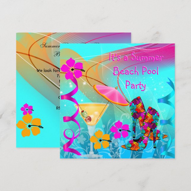 Invitation Fête de piscine de plage Été Rose Chaud Turquoise (Devant / Derrière)