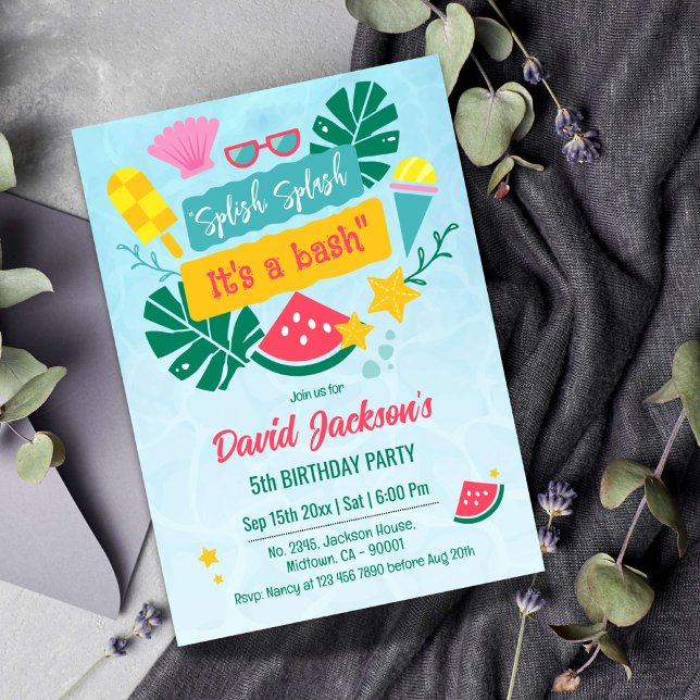 Invitation Fête de piscine de plage tropicale enfant 5e anniv (Créateur téléchargé)