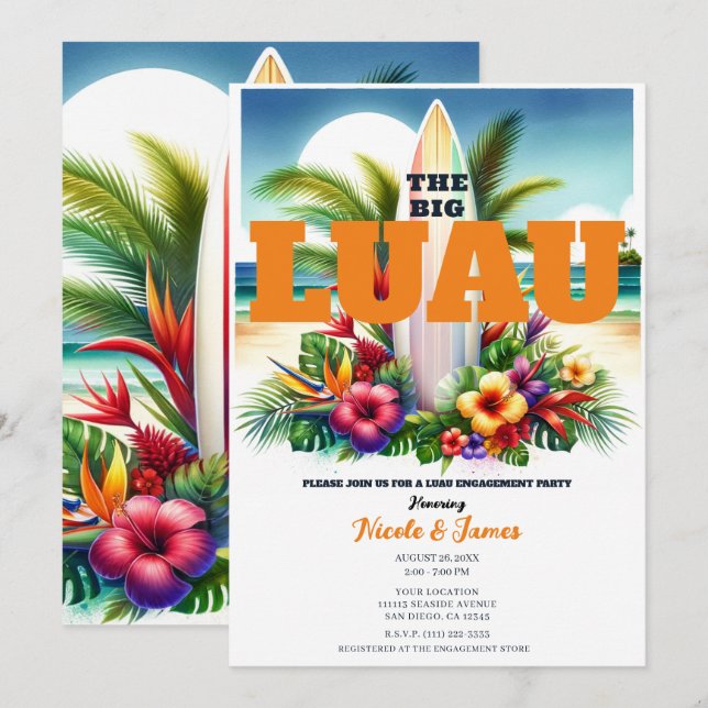 Invitation Fête de Piscine de Planches de Surf Tropicales Lua (Devant / Derrière)