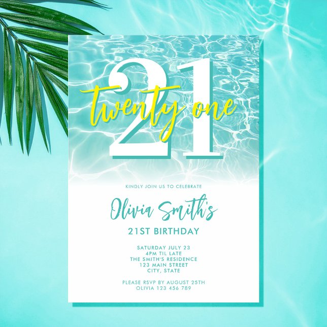 Invitation Fête de piscine d'été moderne 21e anniversaire (Créateur téléchargé)