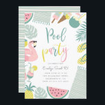 Invitation Fête de piscine d'été moderne Script Sweet 16 Anni<br><div class="desc">Fêtez votre 16e anniversaire avec ces invitations d'été modernes! Avec des feuilles tropicaux, flotteur de piscine flamingo, glaces, ananas, boissons, noix de coco, pastèque, serviettes, tongs. "Pool Party" est affiché dans un joli script coloré. Personnalisez facilement avec vos détails de fête dans une simple typographie. Remplacement par des lignes dessinées...</div>