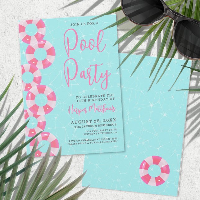 Invitation Fête de Piscine d'Été Rose Anniversaire 16 Ans (Summer Pool Party Pink Sweet 16 Birthday Invitation )