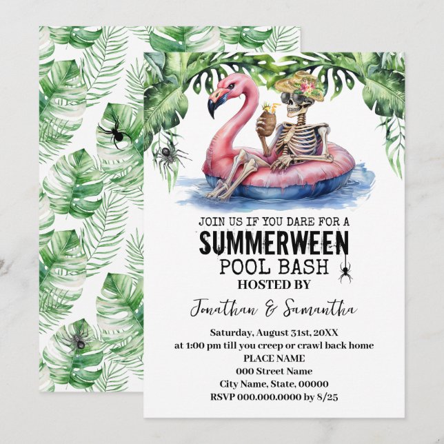 Invitation Fête de piscine d'été Skeleton Tropical Summerween (Devant / Derrière)