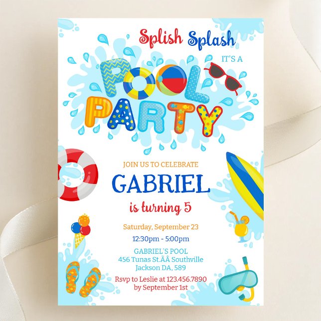 Invitation Fête de Piscine Enfants Splash Splash Eté Plage An (Créateur téléchargé)