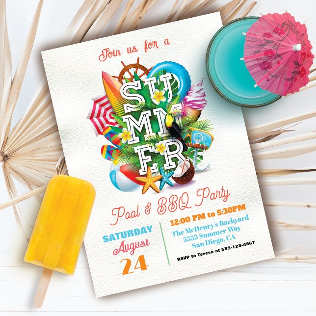 Invitation Fête de piscine et barbecue d'été (Créateur téléchargé)