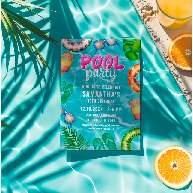 Invitation Fête de Piscine Été Tropical (Créateur téléchargé)