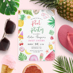 Invitation Fête de piscine moderne Summer Sweet 16 Anniversai<br><div class="desc">Une soirée d'été à thème de piscine moderne et chic pour le sweet sixteen avec des éléments d'aquarelle amusants et colorés tels que les feuilles tropicaux, la noix de coco, lunettes de soleil, ananas, popsicles, coquillages, caméra, fleurs, avocat, pastèque, beigne, cerise et cocktail. Il a un motif de bande d'été...</div>