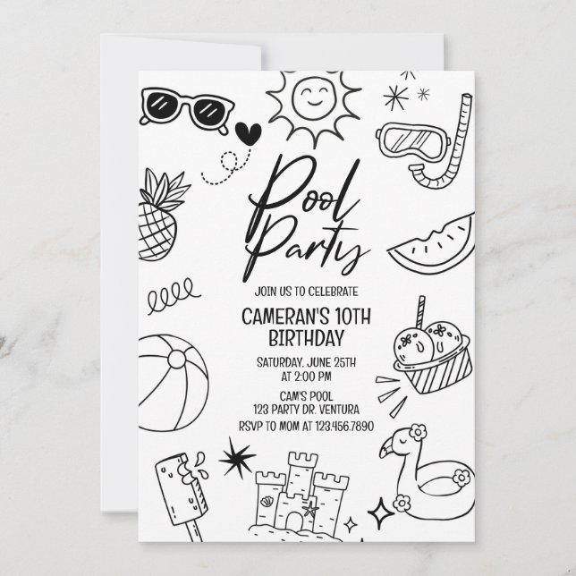Invitation Fête de Piscine, Moderne, Tout Âge, Fête de Plage, (Devant)