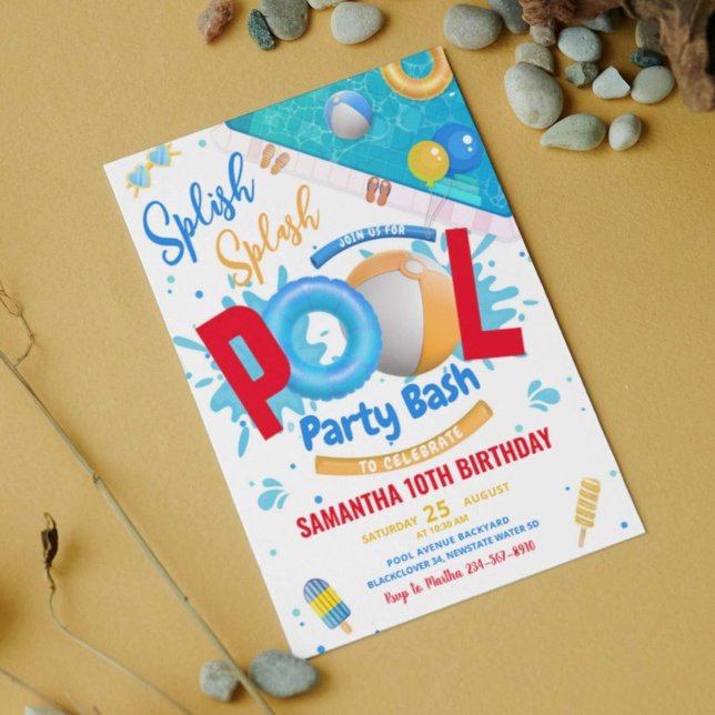 Invitation Fête de piscine modifiable Bassin Fête d'anniversa (Editable Pool Party Bash Birthday Party Invitation)
