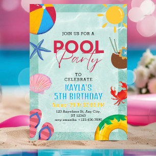 Invitation Fête de piscine personnalisée Anniversaire Filles