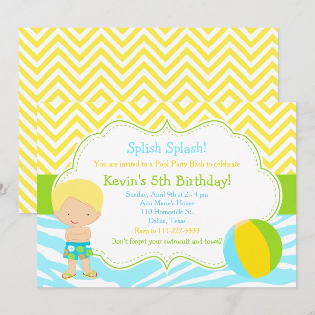 Invitation Fête de piscine pour garçon blond Bash Party (Devant / Derrière)