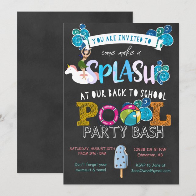 Invitation Fête de piscine pour la rentrée scolaire (Devant / Derrière)