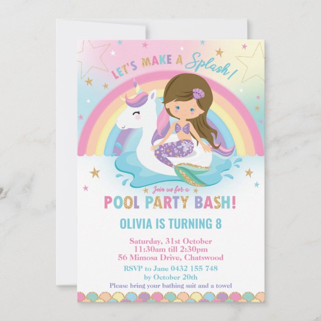 Invitation Fête de Piscine Sirène et Licorne Brunette Yeux Bl (Devant)