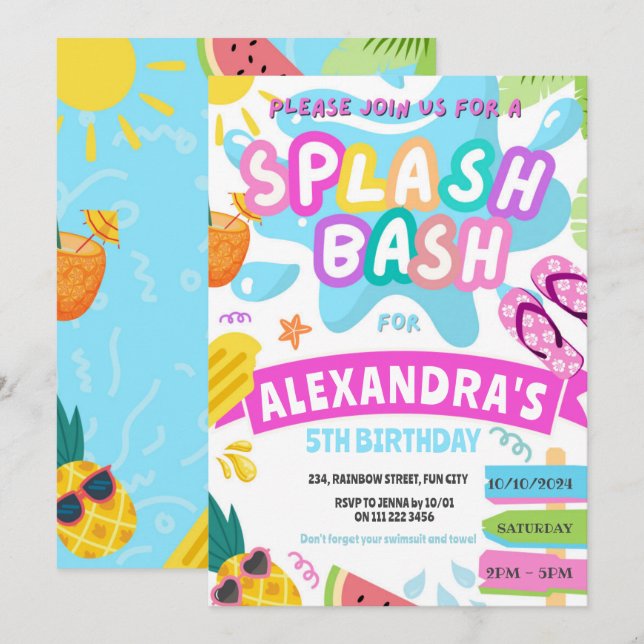 Invitation Fête de piscine Splash Girl été rose Bashing parc  (Devant / Derrière)