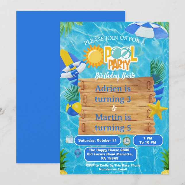 Invitation Fête de piscine Splash Sunny pour enfants  (Devant / Derrière)