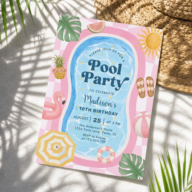 Invitation Fête de Piscine Thème Moderne d'Été pour Fille Ann (Créateur téléchargé)