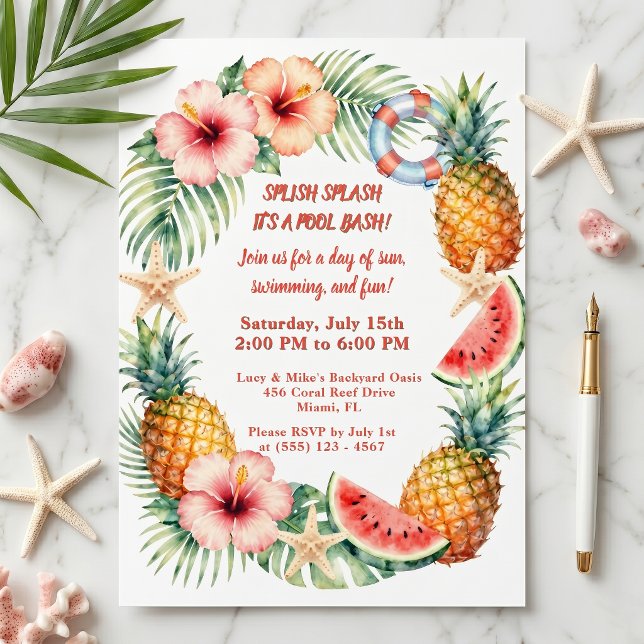 Invitation Fête de piscine tropicale d'été Ananas Aquarelle (Créateur téléchargé)