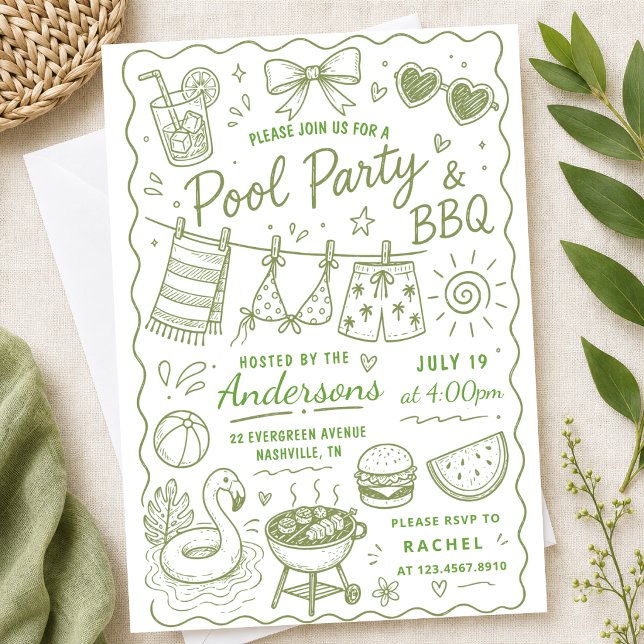Invitation Fête de piscine végétale BBQ Eté Dessin à main lev (Créateur téléchargé)