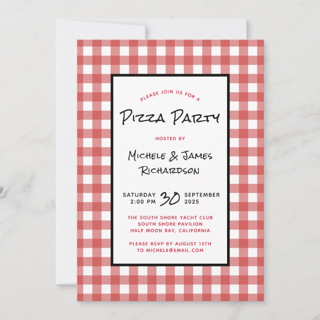 Invitation Fête de Pizza à carreaux Rouges et Blancs Classiqu (Devant)
