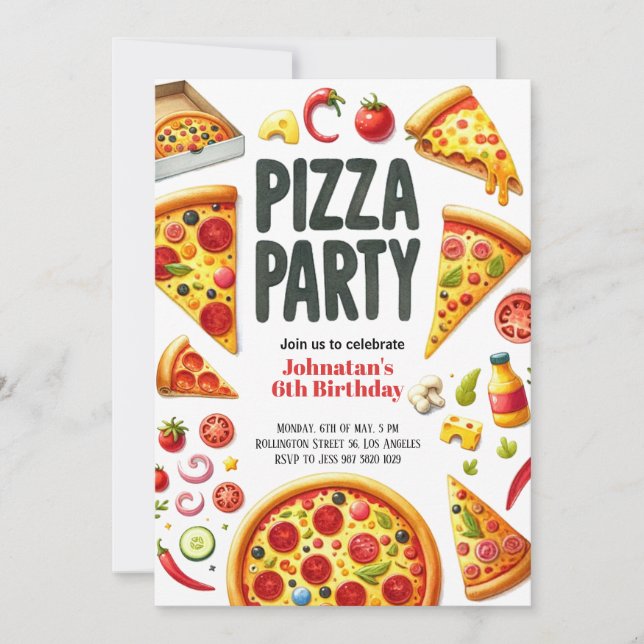 Invitation Fête de pizza aquarelle fête d'anniversaire (Devant)