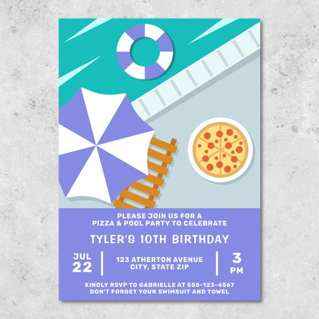 Invitation Fête de Pizza au bord de la piscine Piscine bleue  (Pizza pool party invitation)