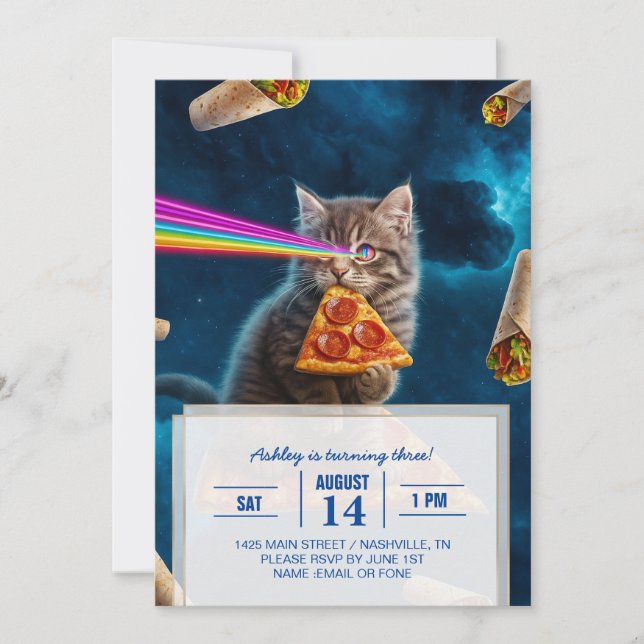 Invitation Fête de pizza de chat laser (Devant)