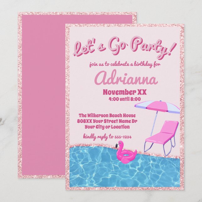 Invitation Fête de plage à paillettes roses (Devant / Derrière)