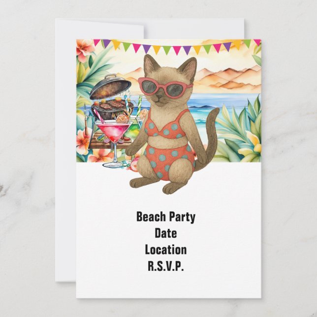 Invitation Fête de plage Chat siamois Plage Été tropical  (Devant)