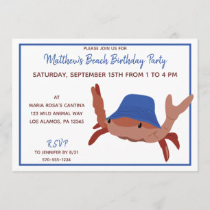 Invitation Fête de plage de crabe rouge, blanc et bleu