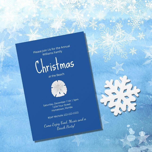 Invitation Fête de plage de Noël Sable Dollar Tropical Bleu (Créateur téléchargé)