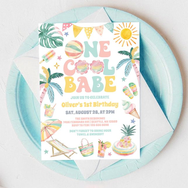 Invitation Fête de plage d'une bébé cool pour son premier ann (Créateur téléchargé)