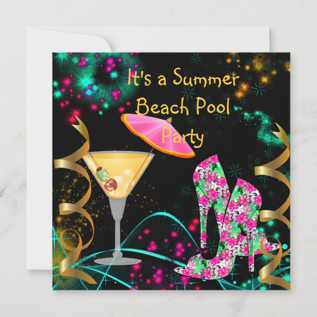 Invitation Fête de plage et de piscine rose noir d'été (Devant)